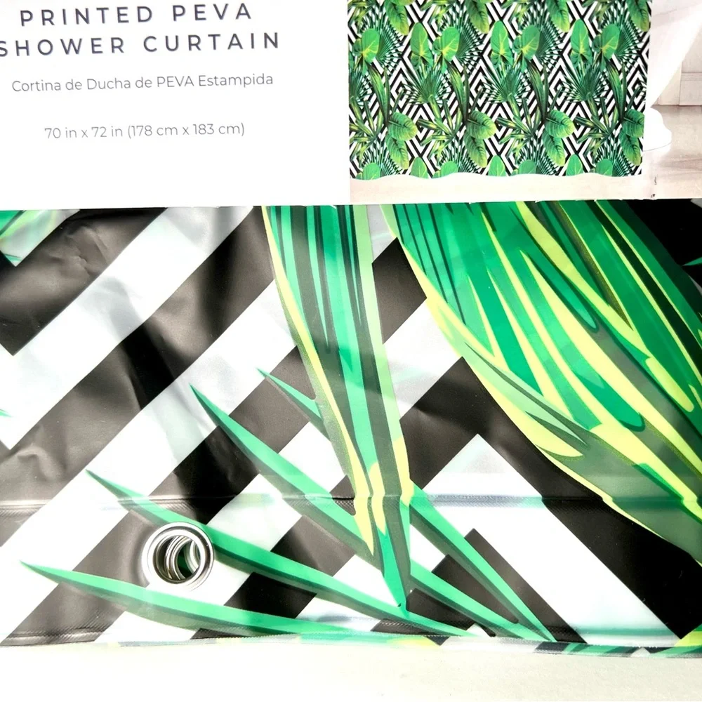 Tropical Green Leaves on Black White Chevron Pattern Peva Shower Curtain